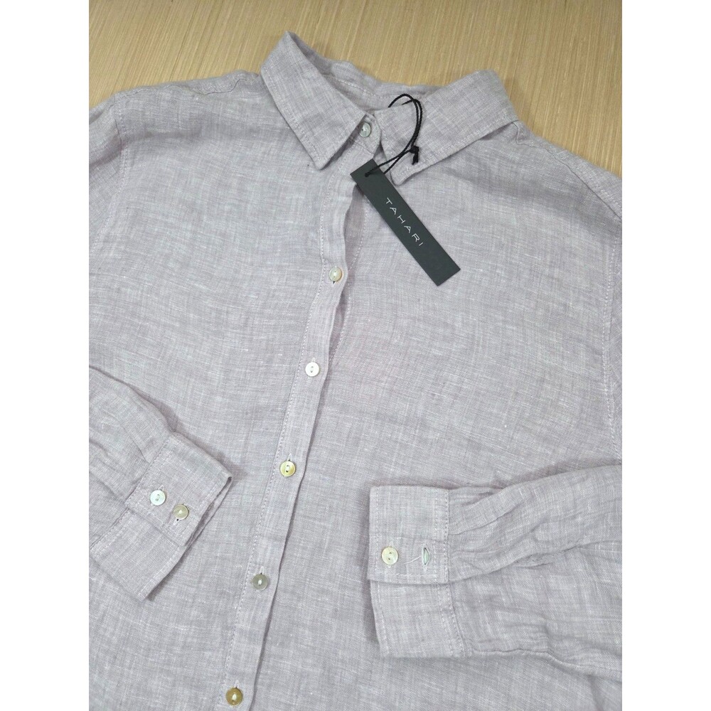 Tahari Essentials Women's M 100% Linen Long Sleeve Roll Tab Button Tunic Shirt